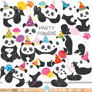 Party Panda Clipart|Party Panda Clip Art|Panda Clipart|Panda Gráficos digitais|Balões|Cupcake|Patas