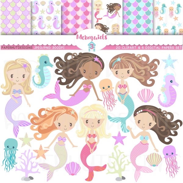 Mermaid Clipart|Mermaid Clip Art|Mermaid Illustrations|Mermaids Clipart and Cute Mermaids Digital Paper Set-Seahorse-Shells-Starfish-Coral