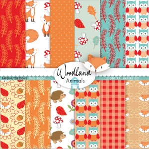 Papiers numériques animaux de la forêt-Automne animaux de la forêt Scrapbooking numérique papier-hibou-renard-hérisson-usage commercial