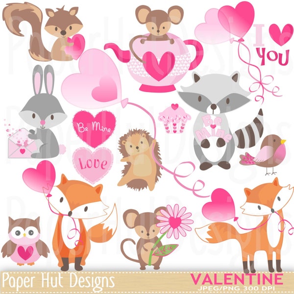 Valentine Clipart-Cute Valentine Animal Clip Art. Rabbit-Mouse-Owl-Fox-Hedgehog-Raccoon-Heart Balloons-Cards-Scrapbooking