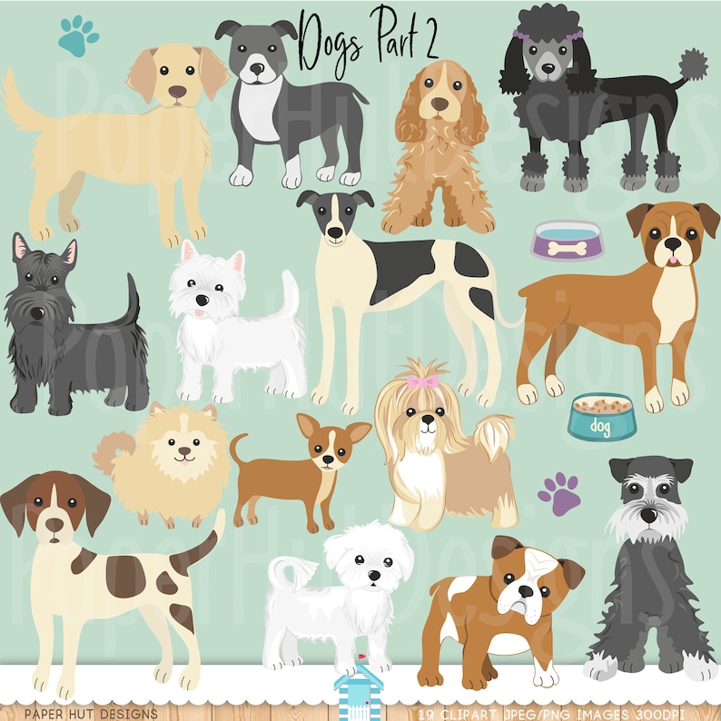 May include: A set of 19 colorful cartoon dog illustrations. The dogs are in various poses and breeds, including a poodle, a bulldog, a chihuahua, a terrier, and a greyhound. The illustrations are on a light blue background with the text "Dogs Part 2" at the top.