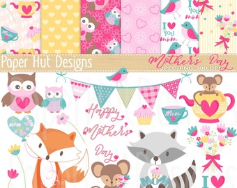 Mother's Day Clipart-Mothers Day Clip Art-Racoon-Fox-Owl and Mouse Clipart-Flowers-Cupcake-Balloon Clipart