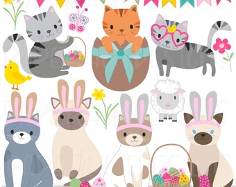 Easter Clipart|Easter Clip Art|Easter Cats Clipart|Easter Cats Clip Art|Cute Cat Illustrations|Easter Eggs|Chick|Bunting|Daffodils