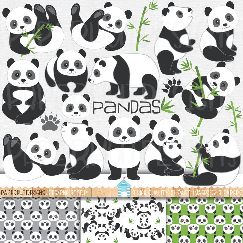 May include: A set of 19 black and white panda bear illustrations with bamboo and paw prints.  The illustrations are in various poses, including sitting, standing, and holding bamboo.  There are also three panda bear patterned papers included in the set.