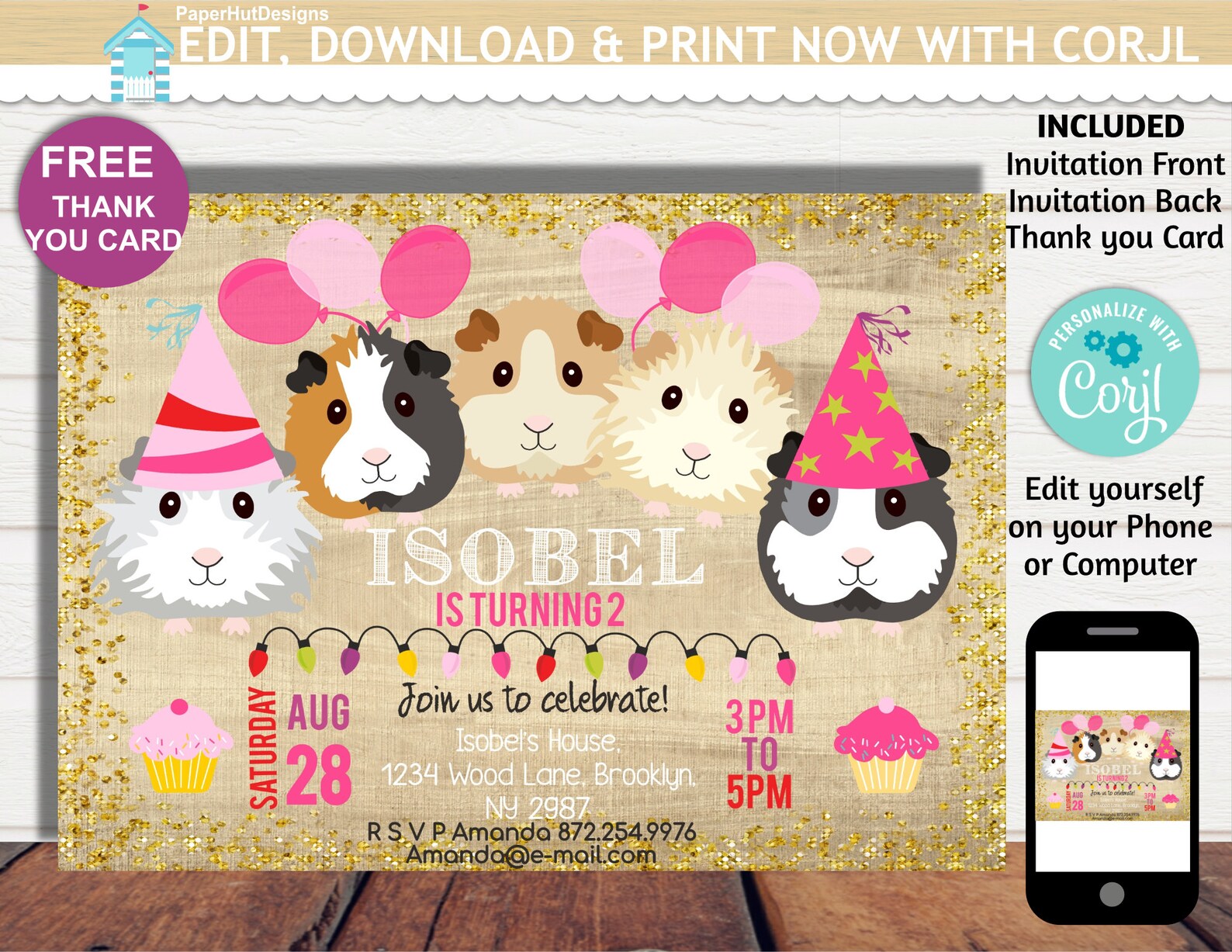 Guinea Pigs Girls Birthday Party Invitation Guinea pigs Etsy