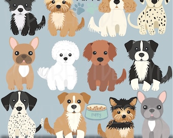 Può includere: Un set di 12 adorabili illustrazioni di cuccioli di cartone animato. I cuccioli sono in varie pose e razze, tra cui un dalmata, un bulldog francese, uno Yorkshire Terrier e un Cavalier King Charles Spaniel. Le illustrazioni sono in uno stile di cartone animato carino e sono perfette per l'uso nel scrapbooking digitale, nella creazione di biglietti o in altri progetti di artigianato.