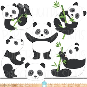 May include: Six black and white panda bear illustrations with green bamboo stalks. The pandas are in various poses, including sitting, standing, and holding bamboo.