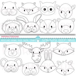 Tampons numériques de visages d'animaux des bois|Timbres numériques de visages d'animaux de la forêt| Visages d'animaux|Orignal|Blaireau|Castor|Raton laveur|Loutre|Écureuil|Cerf|Hibou