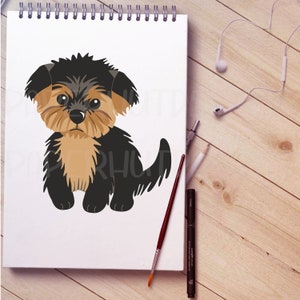 May include: A cartoon illustration of a small black and brown dog with a fluffy tail. The dog is standing on a white background.