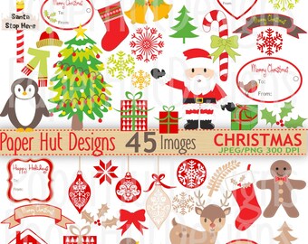 Christmas Clipart-Christmas Clip Art-Santa Claus Clipart-Holiday Clip Art-Father Christmas-Reindeer-Penguin-Gree- Red-Beige