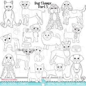 Timbri digitali di cani/Timbri in bianco e nero di cani/Pagine da colorare/Clipart di cuccioli di cane/Clipart di cani/Timbri digitali/Immagini digitali