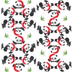 May include: A repeating pattern of cartoon pandas wearing red Santa hats and green bamboo leaves on a white background. The pandas are in various poses, some standing, some lying down, and some upside down.