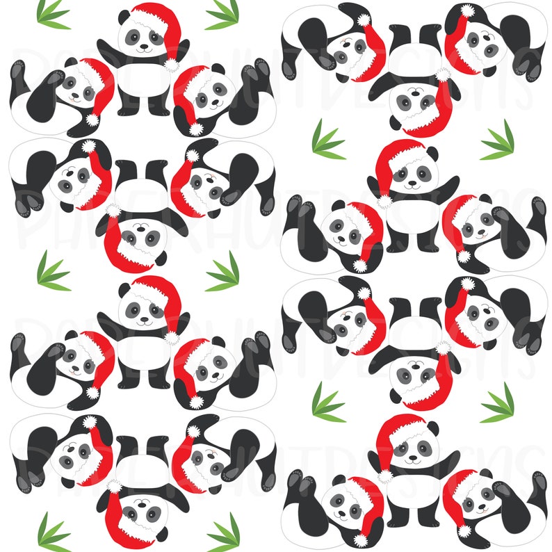 May include: A repeating pattern of cartoon pandas wearing red Santa hats and green bamboo leaves on a white background. The pandas are in various poses, some standing, some lying down, and some upside down.