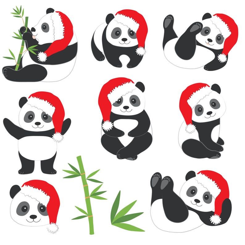 May include: A collection of cartoon pandas in various poses, all wearing red Santa hats with white trim. Some pandas are sitting, standing, or lying down. Green bamboo stalks and leaves are also included in the illustration, set against a white background.