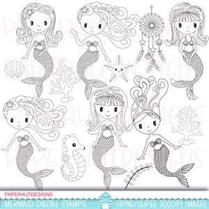 Mermaid Digital Stamp-Mermaid Black and White Stamps-Coloring Page Mermaid Clipart-Digital-Dreamcatcher-Seahorse-Shell