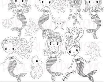 Mermaid Digital Stamp-Mermaid Black and White Stamps-Coloring Page Mermaid Clipart-Digital-Dreamcatcher-Seahorse-Shell