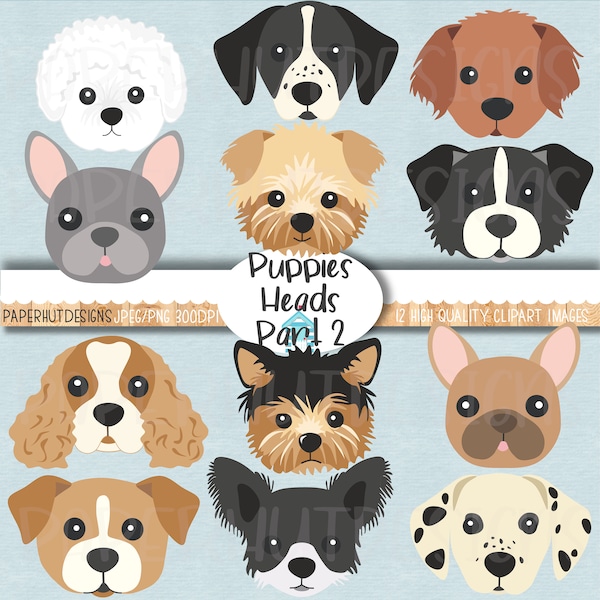 Dog Faces Clipart/Puppy Dog Faces|Dog Illustrations|Puppy Clip Art|Dalmation|French Bulldog|Labrador|Spaniel|Chihuahua|Bichon|Yorkie|Collie