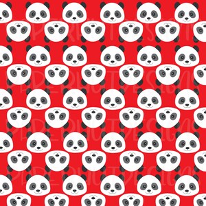 May include: A repeating pattern of panda faces and panda bodies on a red background. The pandas are white with black ears, eyes, and markings. The pattern is evenly spaced and covers the entire surface.