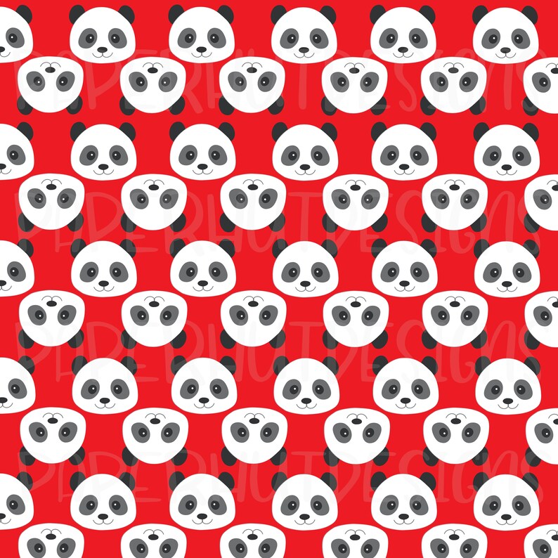 May include: A repeating pattern of panda faces and panda bodies on a red background. The pandas are white with black ears, eyes, and markings. The pattern is evenly spaced and covers the entire surface.