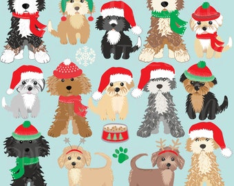 Puede incluir: Un conjunto de 19 imágenes de clipart digital que presentan perros doodle con gorros y bufandas de Navidad. Los perros están en varias poses y colores, incluyendo marrón, negro, blanco y gris. Las imágenes son perfectas para crear manualidades navideñas, tarjetas y otros proyectos.