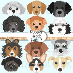 Puppy Dog Faces Clipart|Puppies|Puppy Heads Clip Art|Puppy Dog Illustrations|Moodle|Lasa Apso|Poodle|Welsh Corgi|Sheepadoodle|Poodle|Whippet