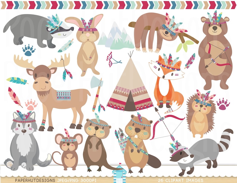 Tribal Woodland Animals Clipart-Forest Animals Clip Art-Racoon-Beaver-Moose-Badger-Otter-Fox-Sloth-Bear-Rabbit-Mouse-Teepee image 1