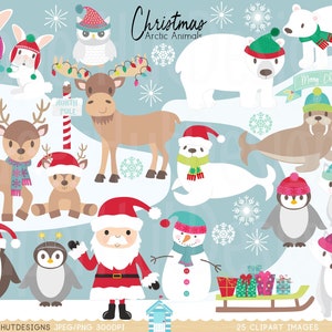 Clipart Noël animaux de l'Arctique-animaux polaires-animaux de l'Arctique Clip Art-père Noël-traîneau-renne-pingouin-renard-lièvre-ours polaire