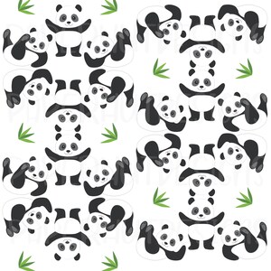 May include: A seamless pattern featuring black and white panda bears in various poses on a white background. The pandas are arranged in a repeating pattern, with some facing forward and others facing backward. There are also green bamboo shoots scattered throughout the pattern.