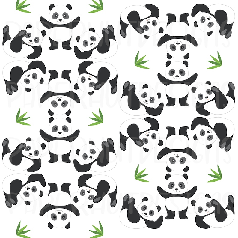 May include: A seamless pattern featuring black and white panda bears in various poses on a white background. The pandas are arranged in a repeating pattern, with some facing forward and others facing backward. There are also green bamboo shoots scattered throughout the pattern.