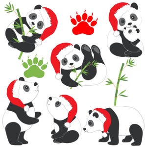 May include: A collection of cartoon pandas in various poses, all wearing red Santa hats. Some pandas are holding bamboo stalks, while others are standing or lying down. A red paw print and a green paw print are also included.