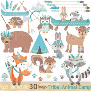 Animaux tribaux des bois cliparts-animaux tribaux de la forêt-camping-tipi-cerf-renard-ours-lapin-raton laveur-hibou-canoë-flèches-plumes