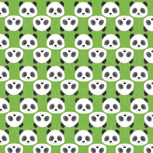 May include: A repeating pattern of panda faces and bodies on a green background. The pandas are white with black ears, eyes, and markings. The pandas are smiling. This design is suitable for fabric, wallpaper, or other decorative items.