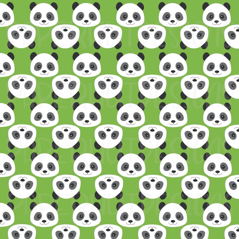 May include: A repeating pattern of panda faces and bodies on a green background. The pandas are white with black ears, eyes, and markings. The pandas are smiling. This design is suitable for fabric, wallpaper, or other decorative items.