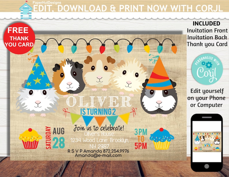 Guinea Pigs Birthday Party Invitation Guinea Pigs Birthday | Etsy