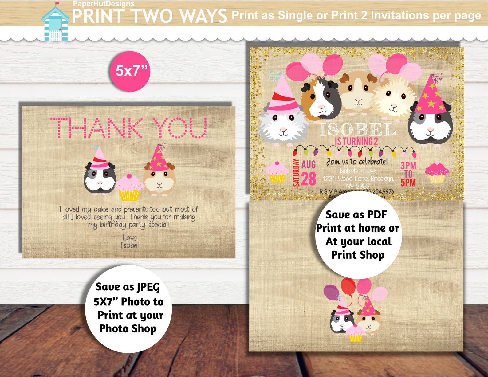 Guinea Pigs Girls Birthday Party Invitation Guinea pigs | Etsy