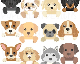 Könnte beinhalten: Eine Sammlung von 12 hochwertigen Clipart-Bildern mit verschiedenen Hunderassen, die jeweils über eine weiße Oberfläche blicken. Die Hunde im Cartoon-Stil haben verschiedene Farben und Markierungen, darunter ein schwarzer Labrador, eine Dogge und ein Husky. Der Text "Peeking Dogs Part 1" steht oben.