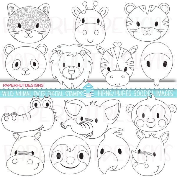 Jungle Animal Faces Digital Stamps|Safari Digital Stamps|Wild Animals Clipart|Zoo Animal Faces|Safari Animal Clipart|Nursery Animals Faces