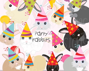 Bunny Party Clipart|Rabbit Clipart|Cute Bunny Rabbits Party Clip Art|Rabbit Faces|Bunny Rabbits Clipart|Bunnies digital graphics|Party Hats
