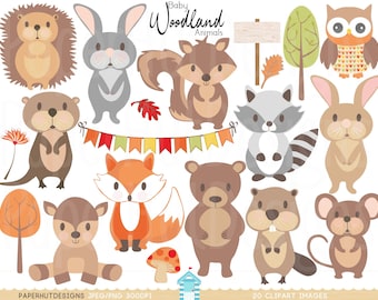 Baby Woodland Animals Clipart-Baby Forest Animals Clip Art-Racoon-Beaver-Squirrel-Otter-Fox-Bear-Rabbit-Mouse-Hedgehog-Owl