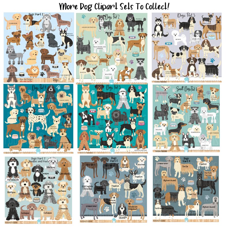 May include: A collection of nine colorful digital clipart images featuring various dog breeds. Each image is labeled with the breed name and "Dogs Part" followed by a number. The images are arranged in a grid pattern.