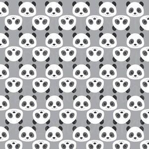 May include: A seamless pattern featuring a repeating design of panda bear faces on a gray background. The panda faces are white with black eyes and ears.