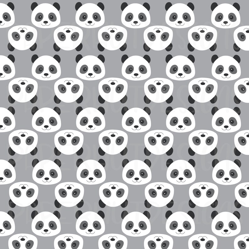 May include: A seamless pattern featuring a repeating design of panda bear faces on a gray background. The panda faces are white with black eyes and ears.