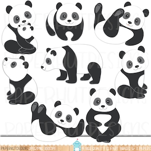 May include: A set of ten black and white panda bear illustrations. The pandas are in various poses, including sitting, standing, and lying down. The illustrations are simple and cute, and would be perfect for use in a variety of projects.