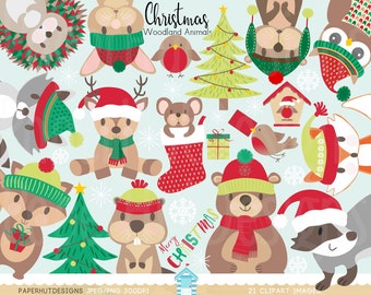Christmas Clipart Woodland Animals-Forest Animals Clip Art-Robin-Reindeer-Raccoon-Otter-Fox-Bear-Rabbit-Mouse-Hedgehog-Owl