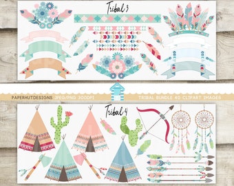 Tribal Clipart Bundle-Tribal Boho Clip Art -American Indian-Navajo Tribal Elements-Aztec Teepee-DreamCatcher-Feathers-ArrowsBUY2GET1MOREFREE