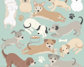 May include: A set of 10 doodle dog illustrations in various poses. The dogs are in different colors, including brown, white, gray, and beige. The illustrations are on a light blue background. The text "Doodle Dogs Part 1" is at the top of the image.