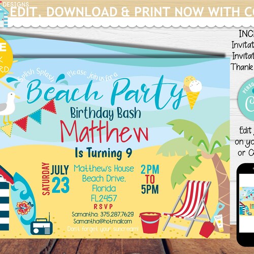 Beach Party Invitation Editable Girl Summer Birthday Invite Etsy