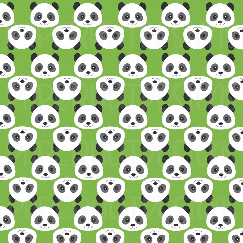 May include: A repeating pattern of panda bear faces on a green background. The panda bears have black eyes and black ears. The background is a solid green color.