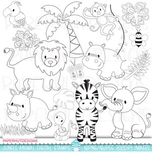Sellos digitales de animales de la jungla, sellos de safari, imágenes prediseñadas de la jungla, imágenes prediseñadas de animales del zoológico, animales bebés, animales lindos, monos, jirafas, leones y guarderías