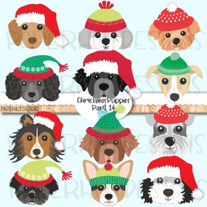 Christmas Puppy Dog Faces Clipart|Puppies Clip Art|Puppy Dog Illustrations|Moodle|Lasa Apso|Poodle|Welsh Corgi|Sheepadoodle|Poodle|Whippet